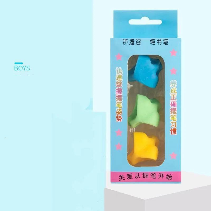 Dolphin-shaped pen holder orthosis for children in mixed colours, shown with a writing corrector.