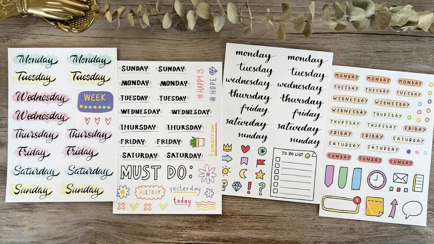 English letters and numbers symbol label stickers with alphabet sets and week words
