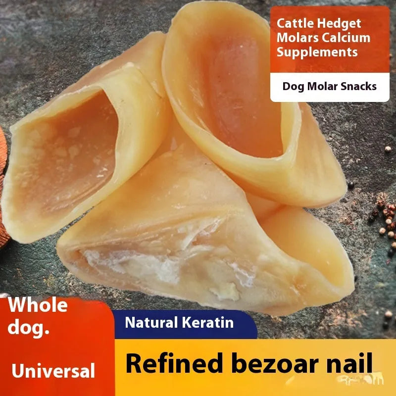 Natural cowhide anti-bite dog chewing rod in hoof shell colour, shown in small and large sizes.
