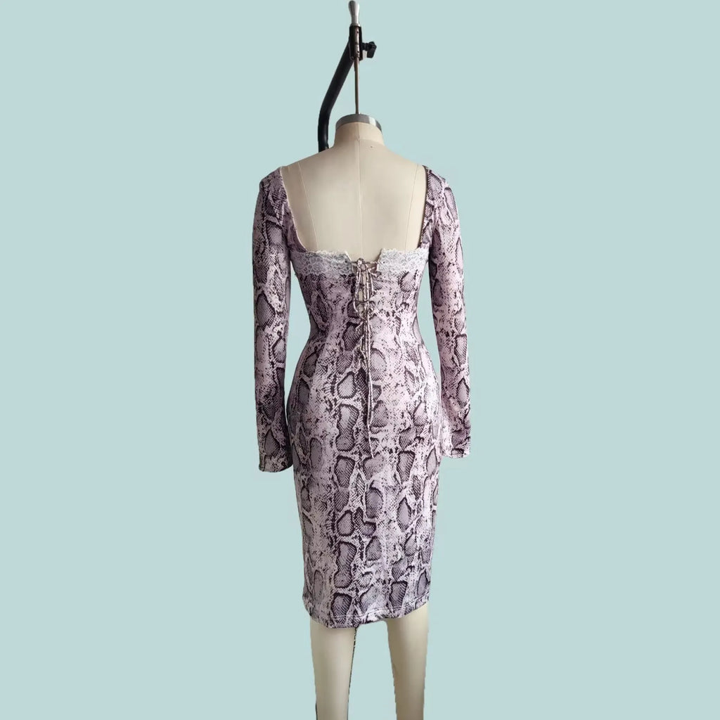 Grey slim fit women's lace dress with digital 3D print pattern, long sleeves, and A-line skirt.