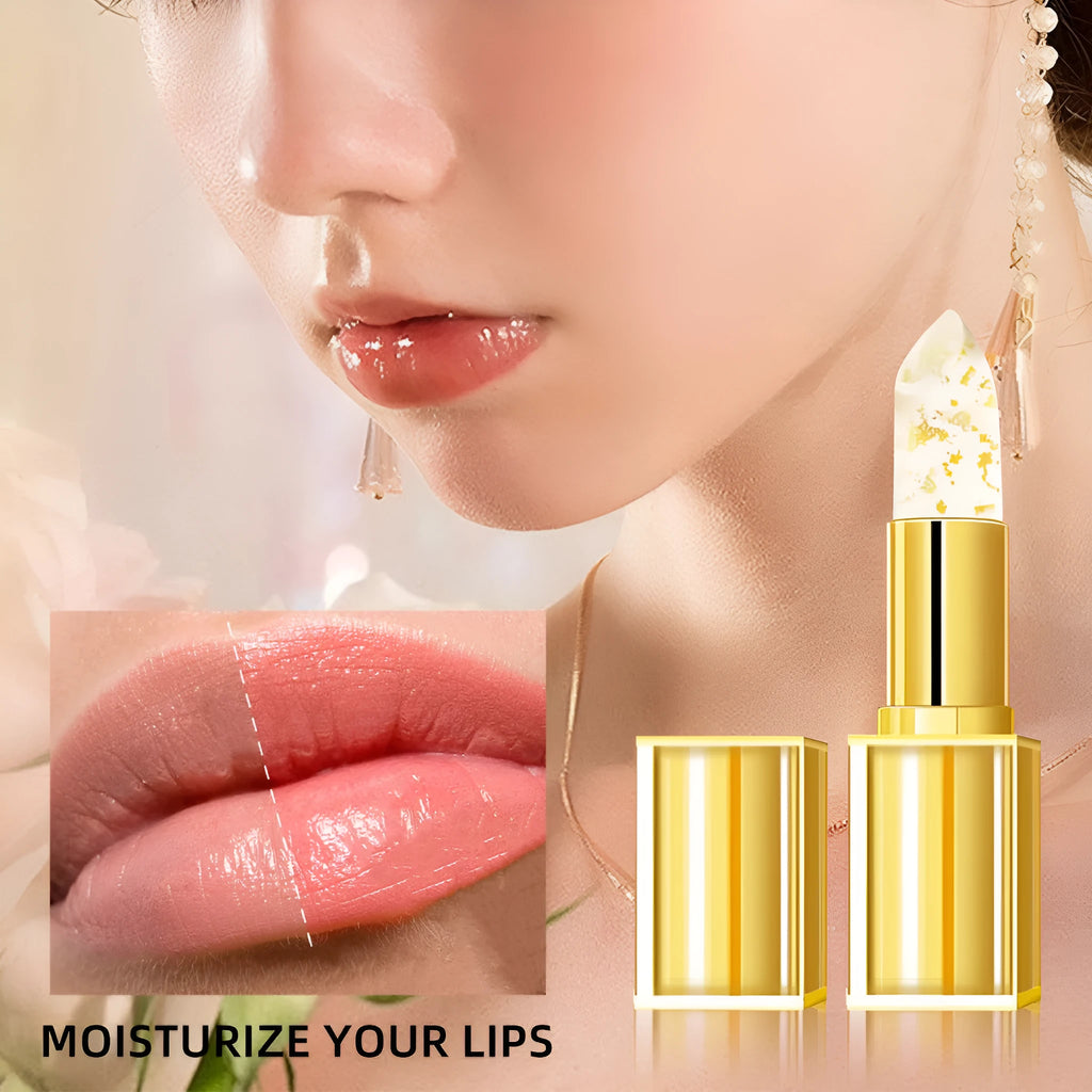 Three pieces of anti-smudge warm colour-changing lipstick in gold tubes, product code YB1001.