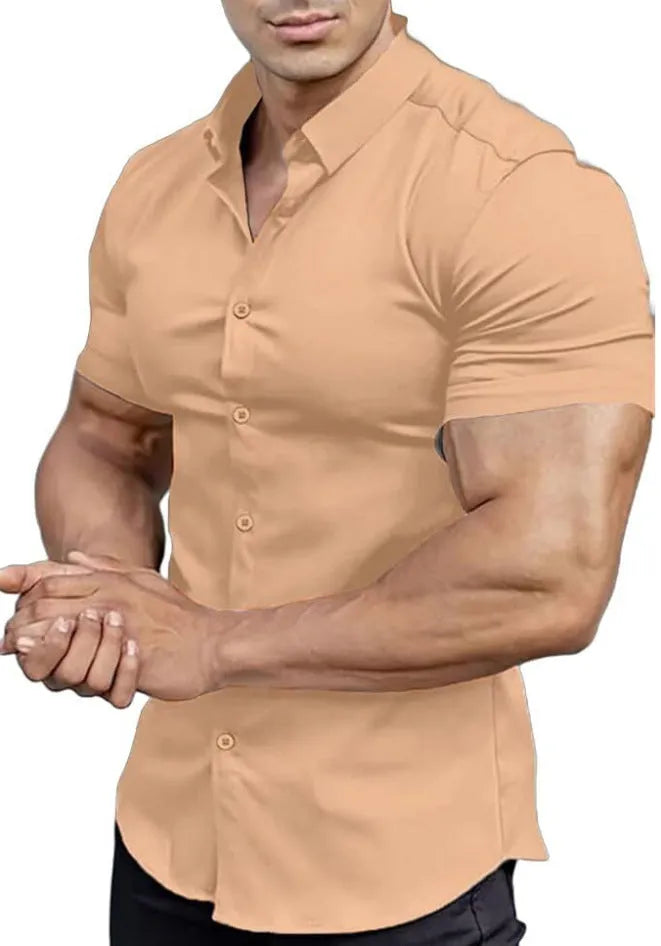Men's printed short sleeve casual shirt with collar in multiple colour options showing cardigan style