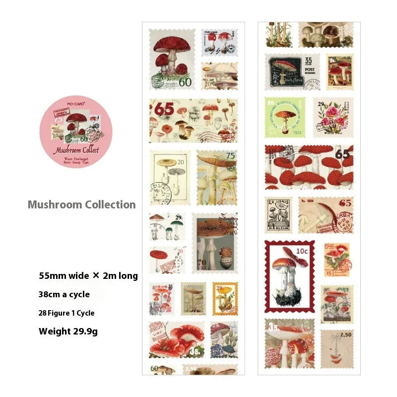 Roll of retro-patterned coated paper stamp stickers for DIY journal decoration, 55mm wide