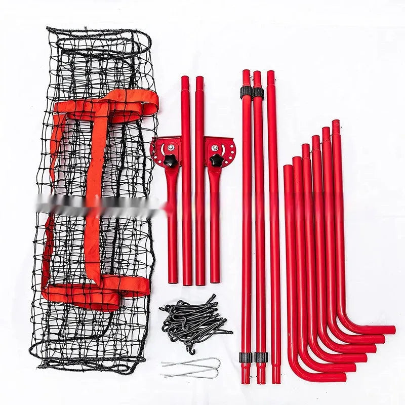 Red baseball training net with metal frame shown in packed position measuring 95cm long