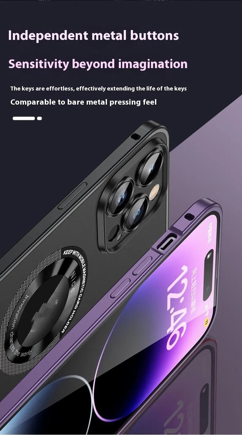 Metal phone case with spring fastener and frosted finish in black for iPhone 14