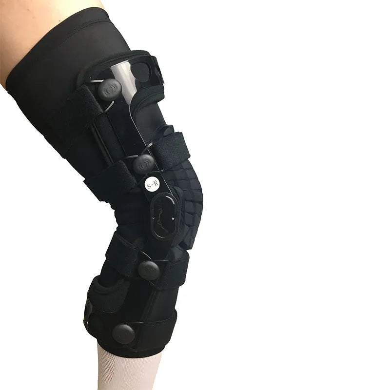 Black anterior ligament knee support brace shown on a knee, with side-specific sizing for left or right.