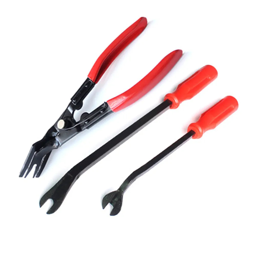 Red steel automotive clip driver horn tool for General Motors door panel removal