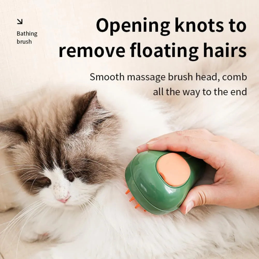 Green and white cat steam brush with water spray function and soft silicone teeth for pet grooming