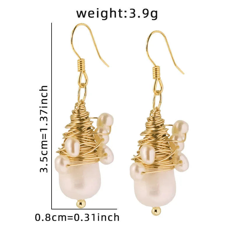 Handmade natural pearl wire-wrapped earrings in white, geometric round fairy style, for women