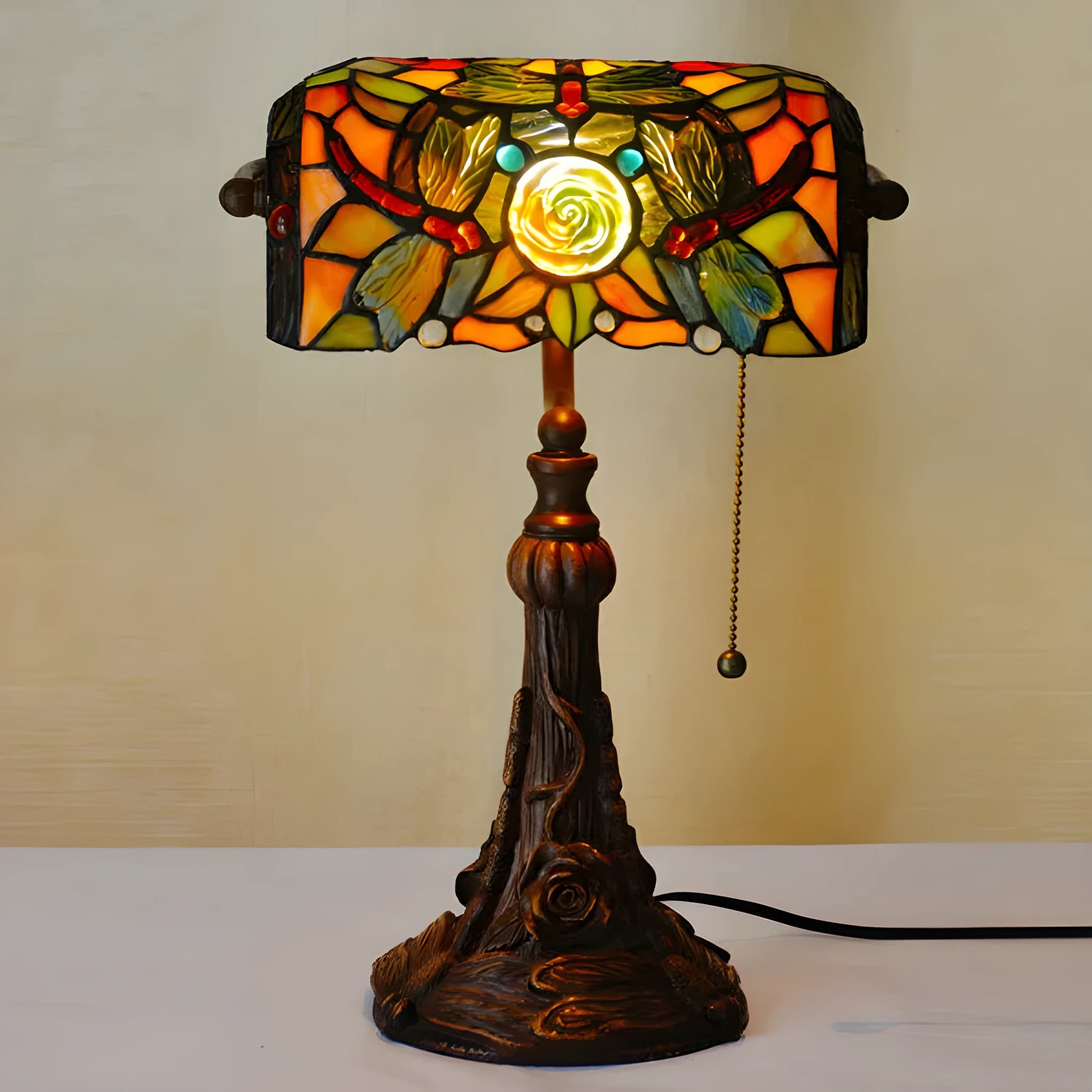 10-inch Tiffany table lamp with stained glass shade on resin base for study room decoration