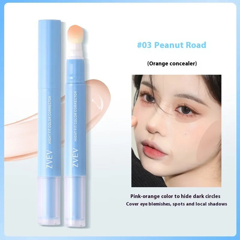 Concealer pen with sponge brush head applicator showing three colour shade options: brightening skin, pink flesh, and flesh colour