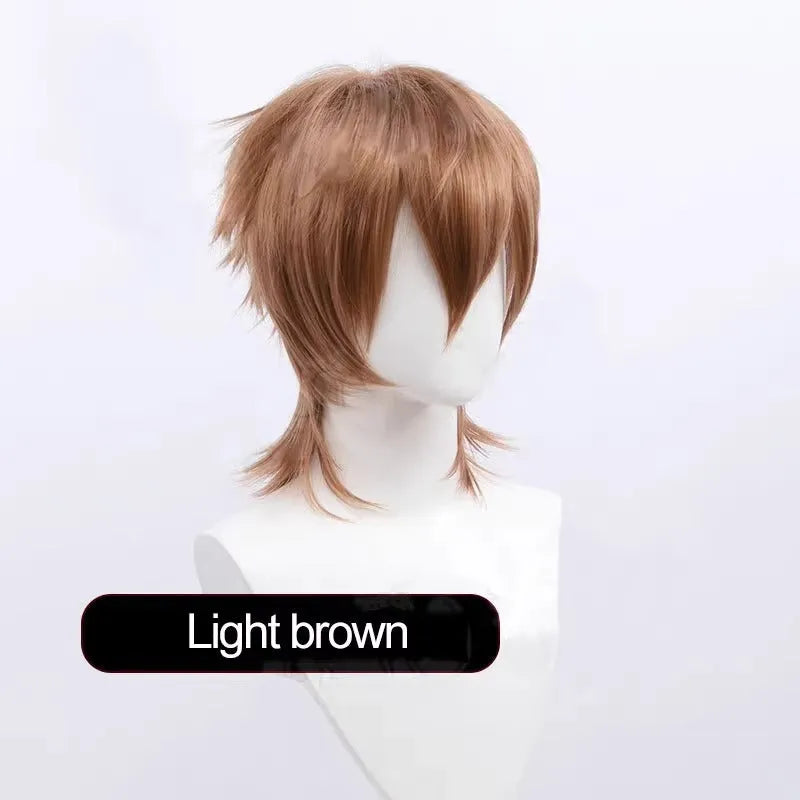 Men's short black anime-style cosplay wig on a stand