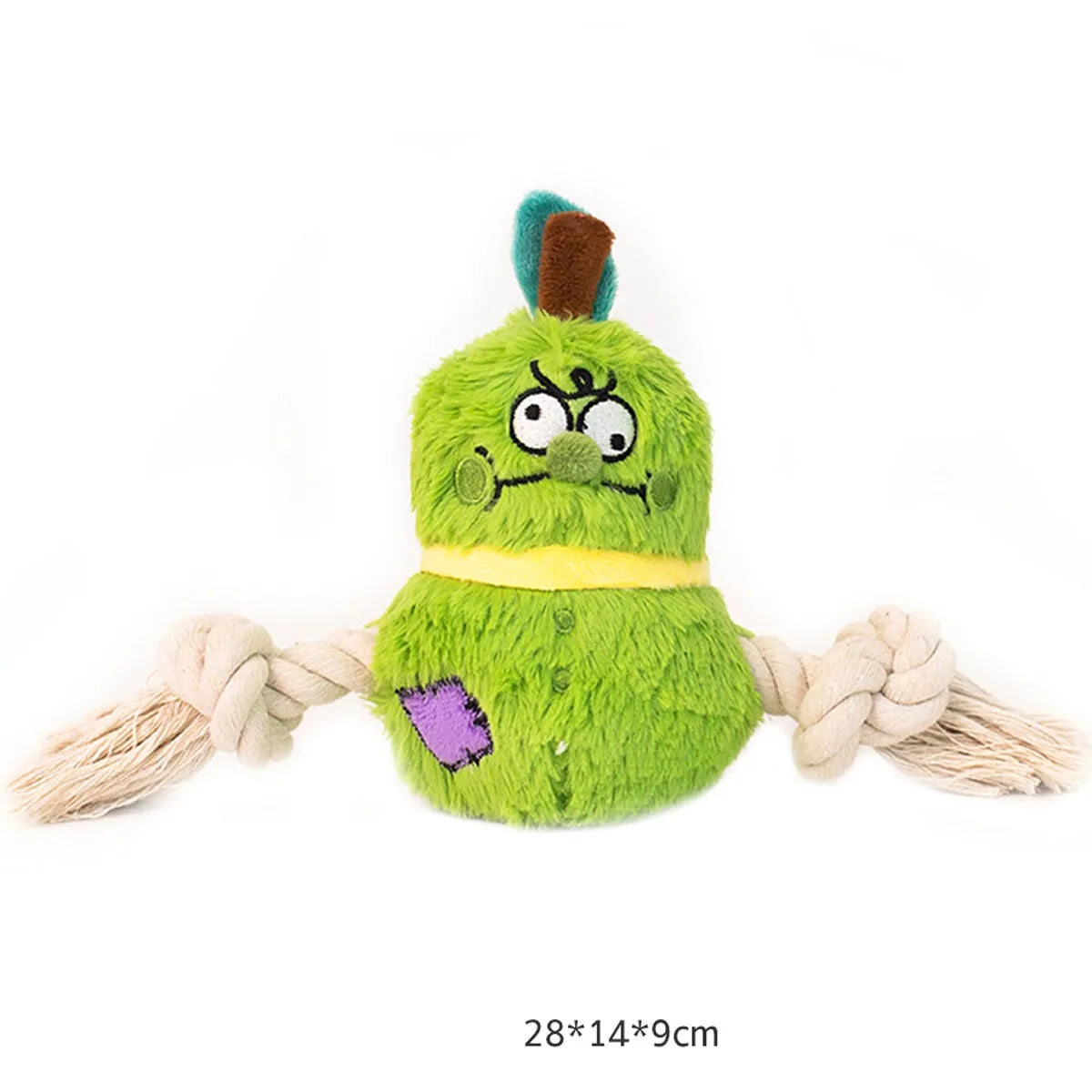 Green and purple interactive dog toy with plush rope knot design for tug of war games