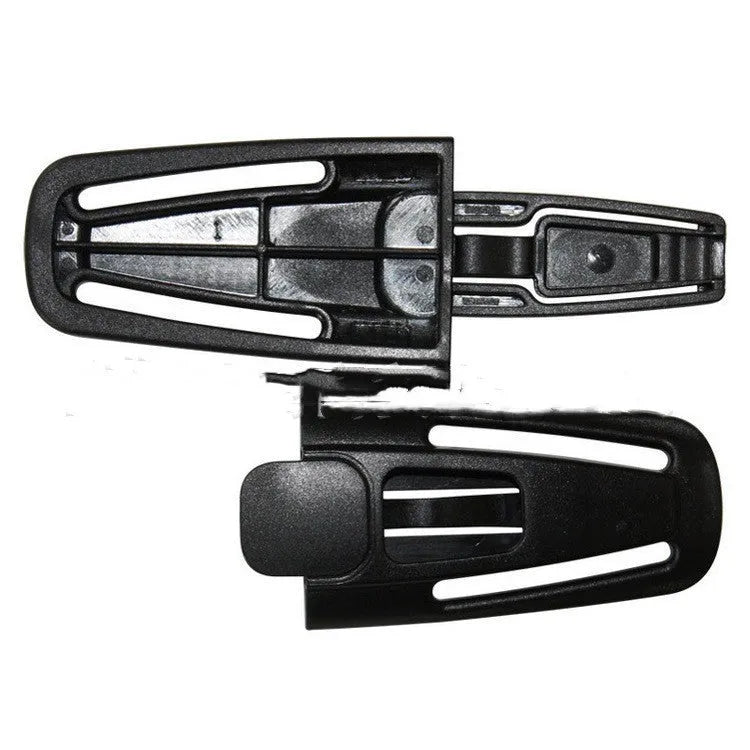 Black nylon seat belt buckle clip for child car seats, dimensions 14.5cm by 4cm.