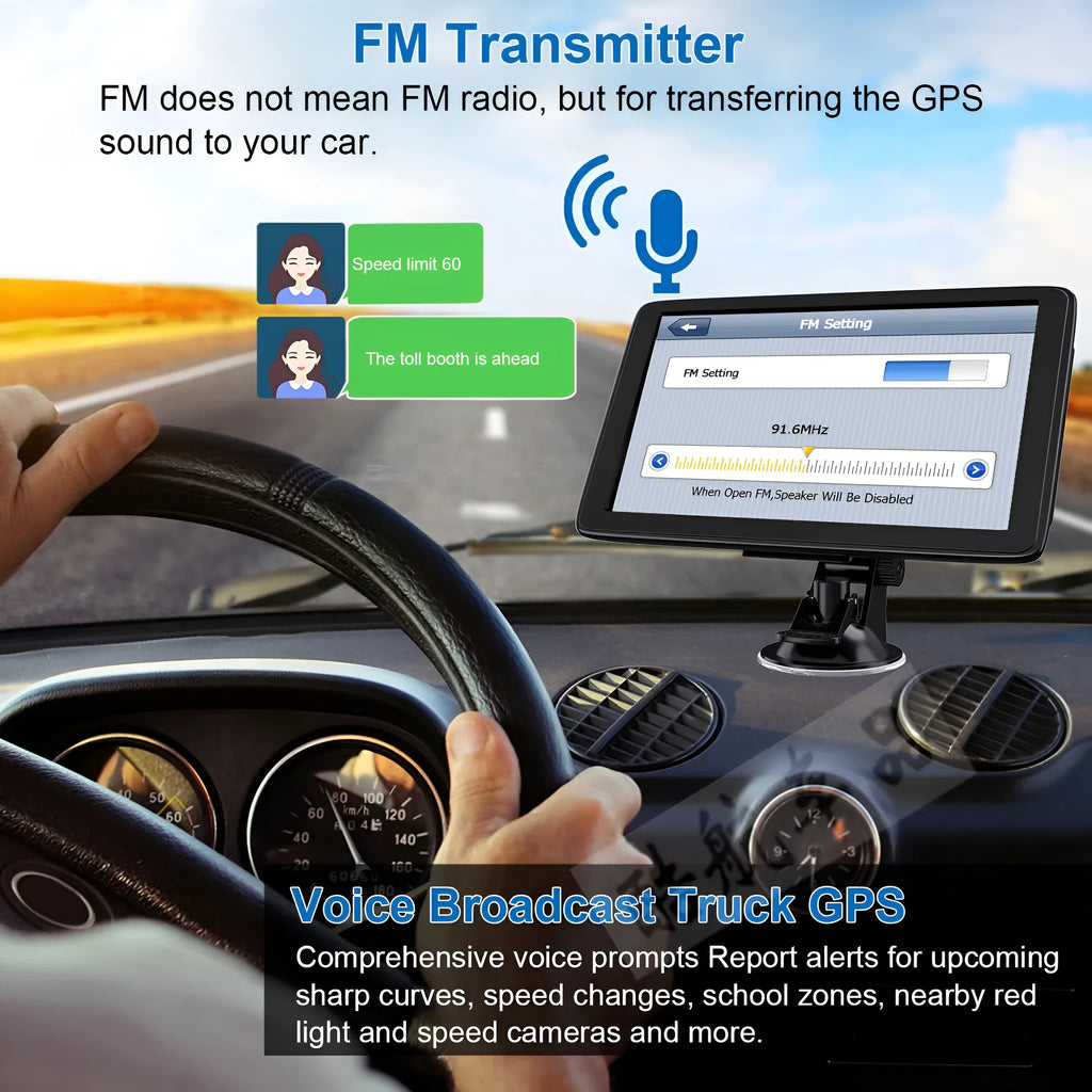 7-inch portable car GPS navigation device on dashboard with map display