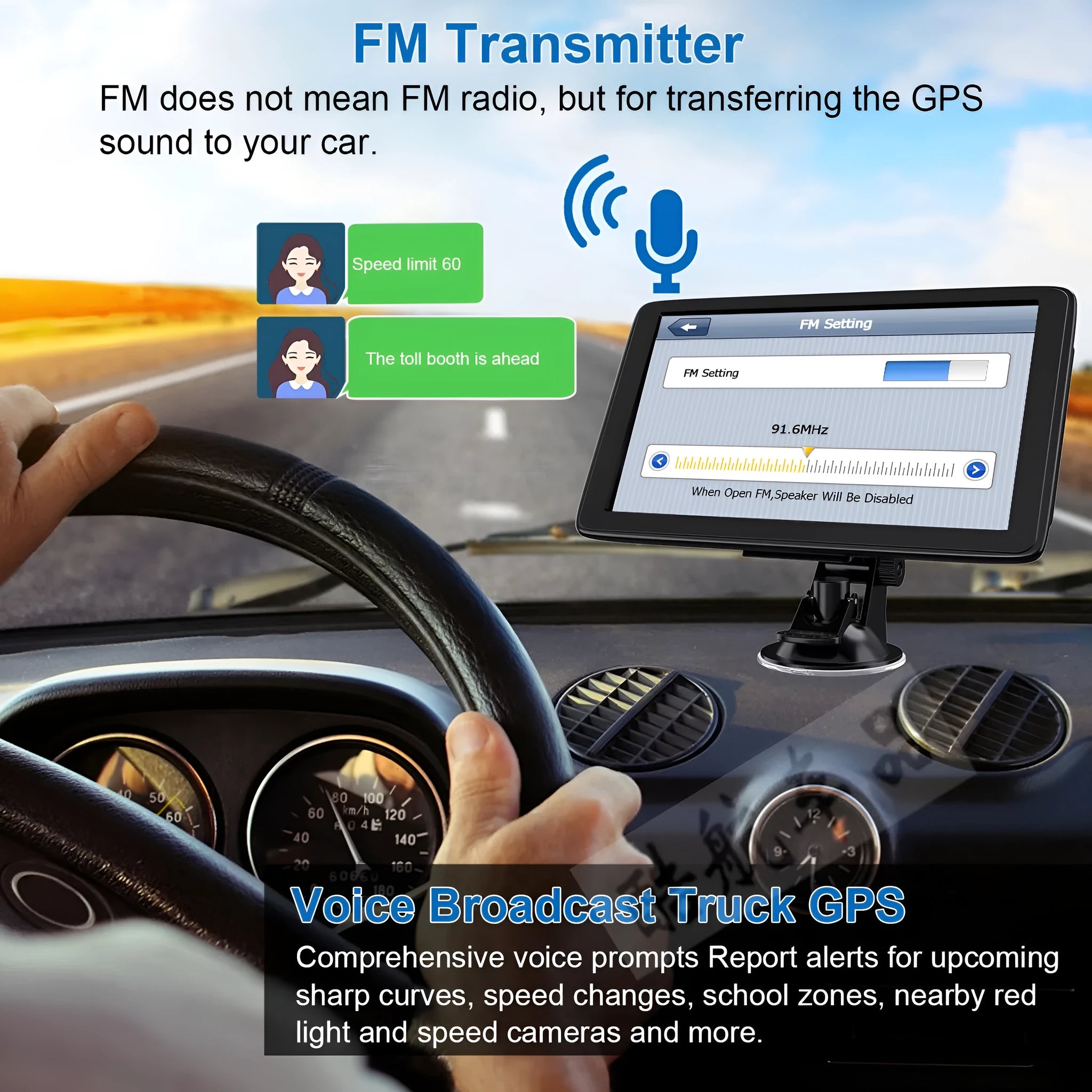 7-inch portable car GPS navigation device on dashboard with map display