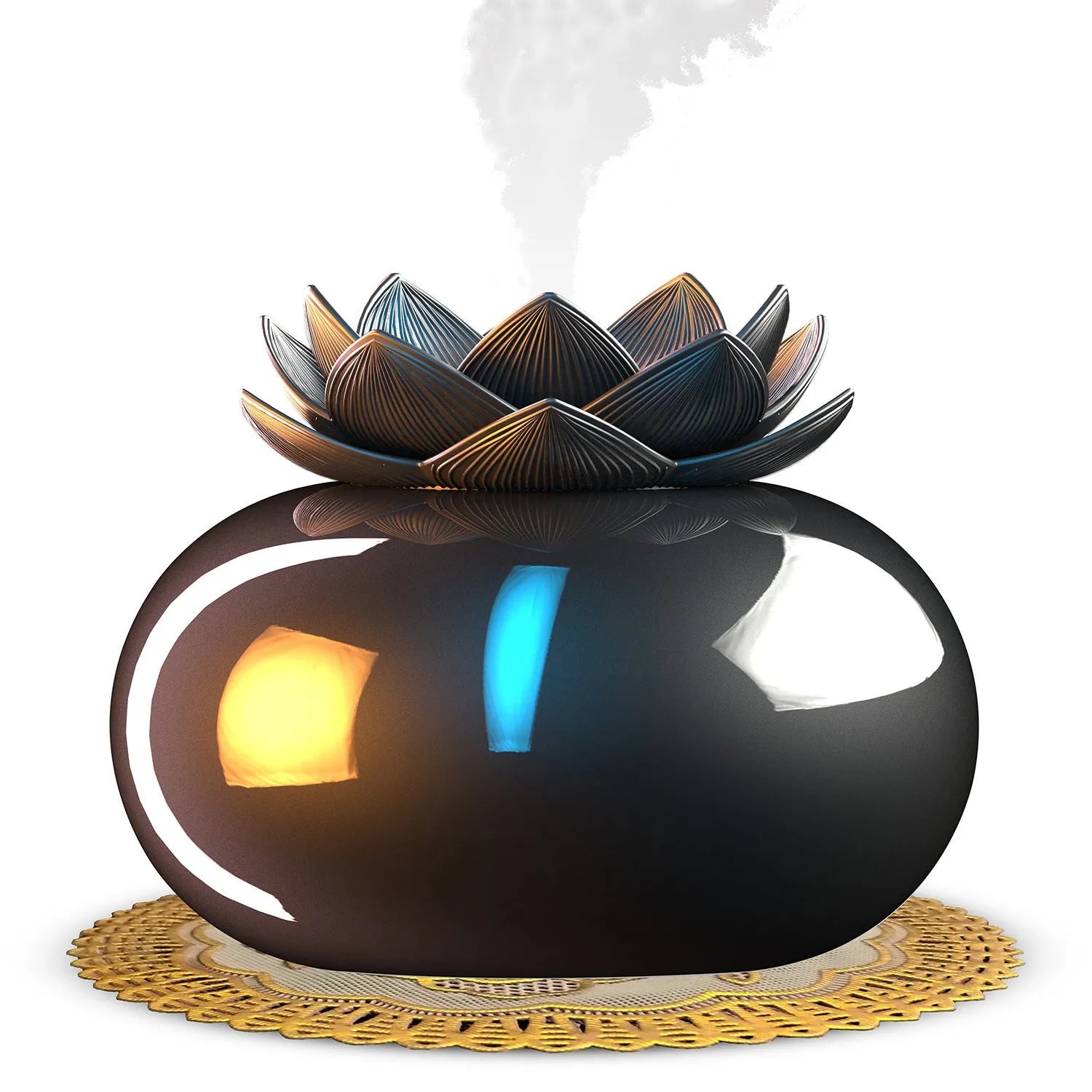Pure black Lotus ultrasonic aromatherapy humidifier with USB cable and round design.
