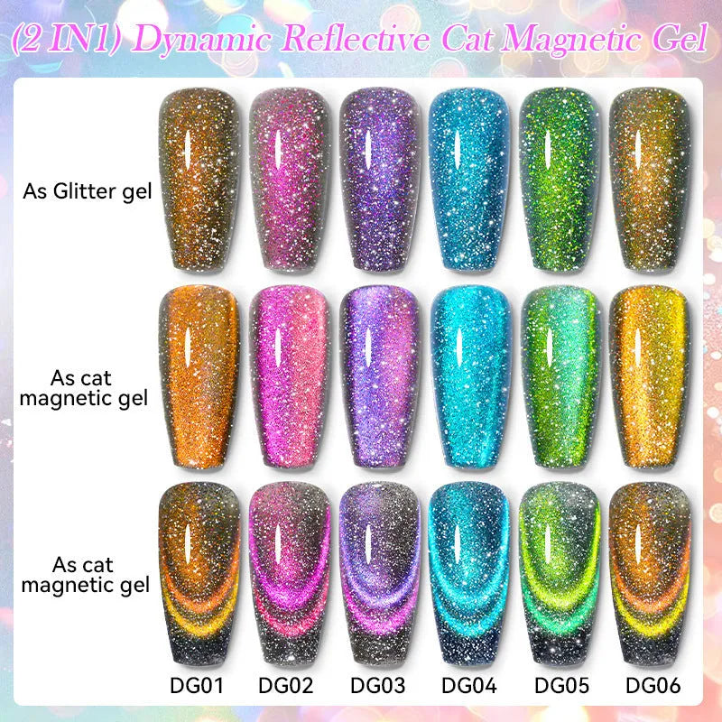 Diamond In The Debris Cat Eye Series UV Nail Polish Gel bottles in six colour styles with glitter.