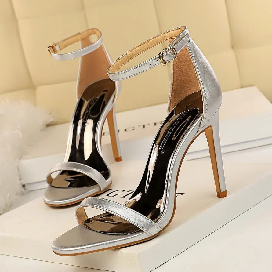 Women's open-toe high heels with ankle-strap buckle closure in six colour options