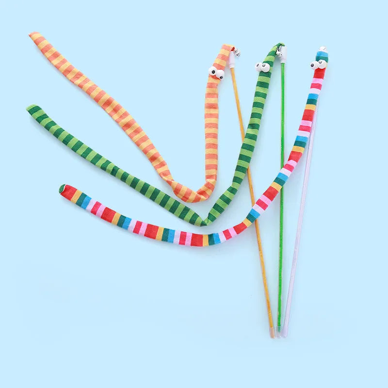Colourful cat teaser wand with long plush strip and bell on a polycarbonate handle.
