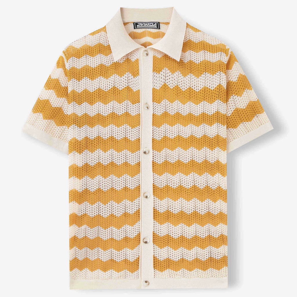 Short-sleeved yellow corrugated sweater with a hollow jacquard texture on a hanger.