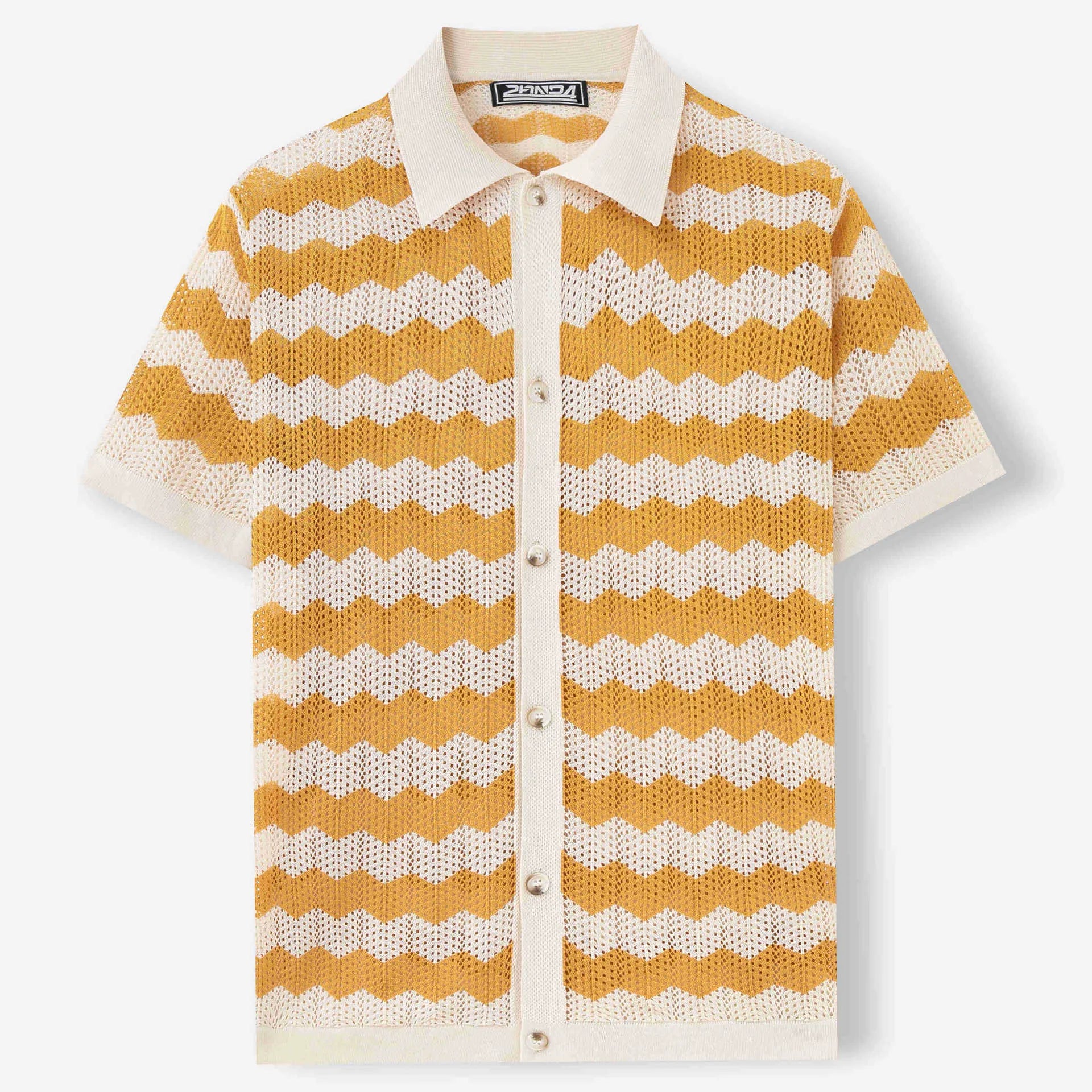 Short-sleeved yellow corrugated sweater with a hollow jacquard texture on a hanger.