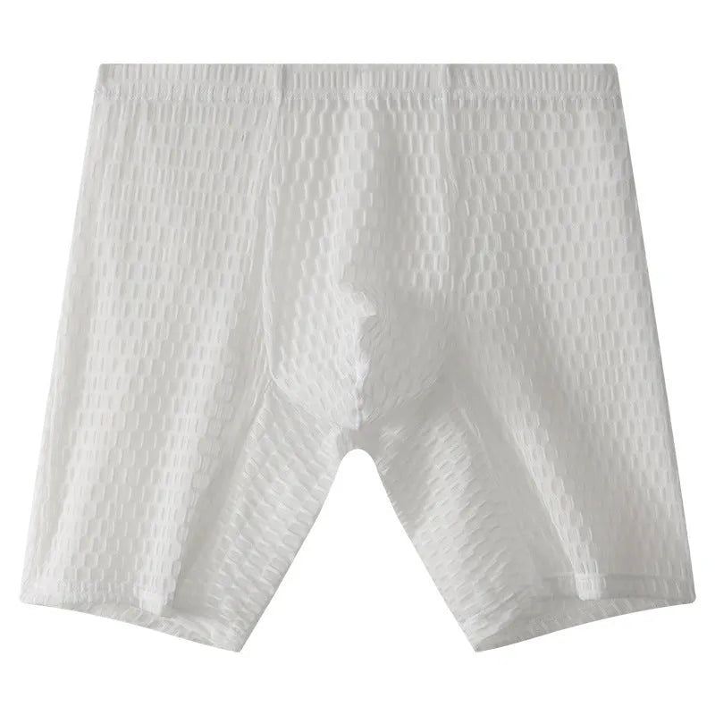 Men's lengthened transparent lace boxer shorts on a neutral background, showing mid waist and leg detail.