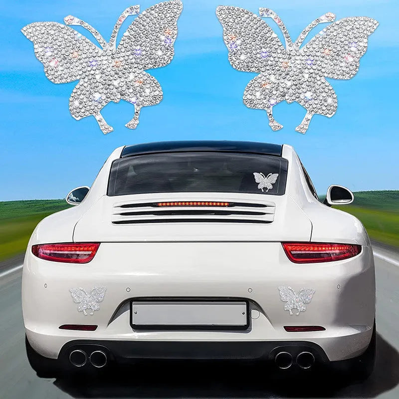 White diamond glass car sticker patch with bear claw and butterfly design