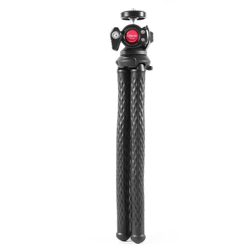 Black octopus-leg mobile phone tripod set with extended aluminium centre column and attached phone clip.