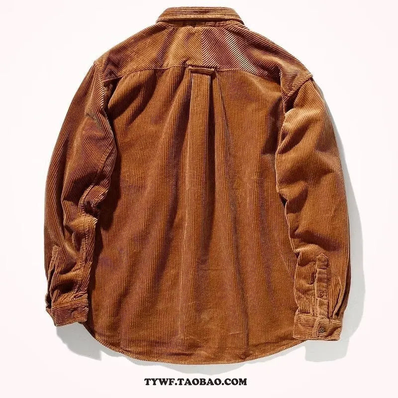 Men's caramel corduroy loose fit cardigan shirt with long sleeves Hong Kong style
