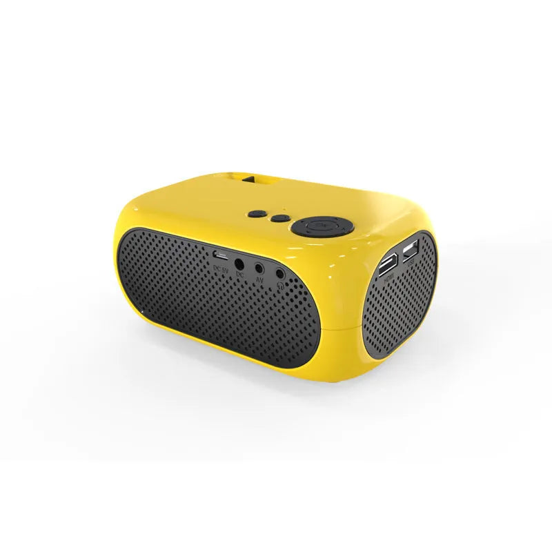 M24 micro mini portable LED projector in gold or white colour on a grey background