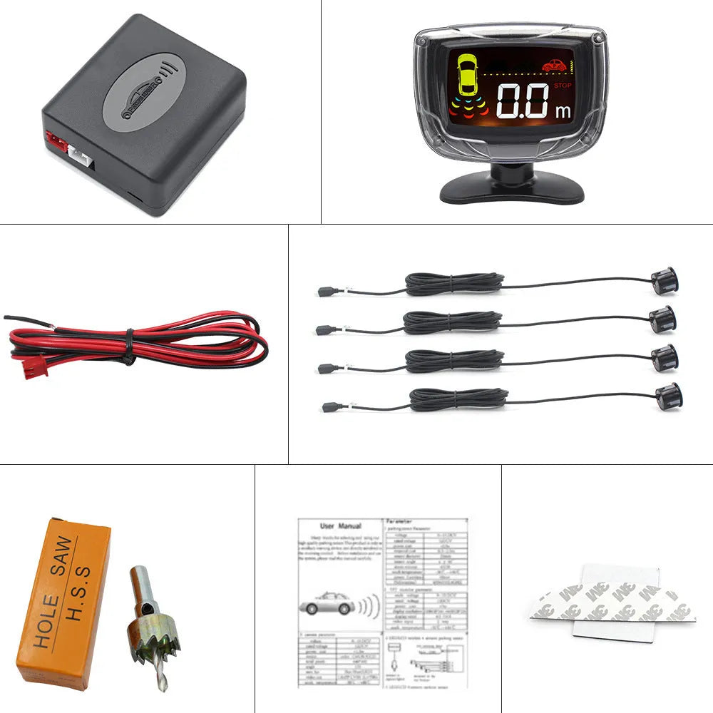 Wireless reversing sensor kit showing main unit, four round probes, LED display, hole opener, and cables on a white background.