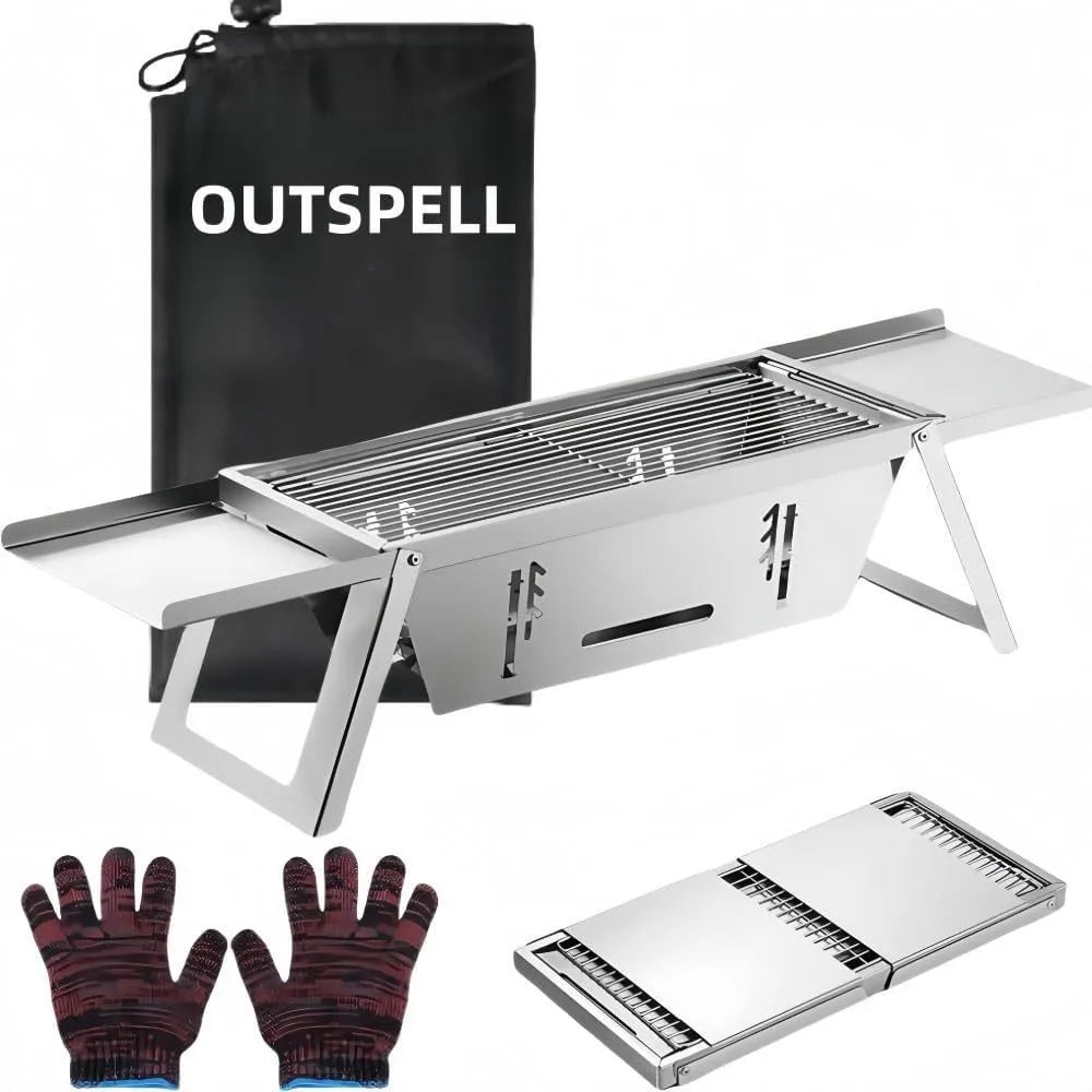 Small foldable portable charcoal grill showing compact folded design for outdoor cooking