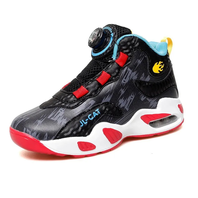 Children's rotating button basketball shoes in black synthetic leather with a cushioned PU sole.