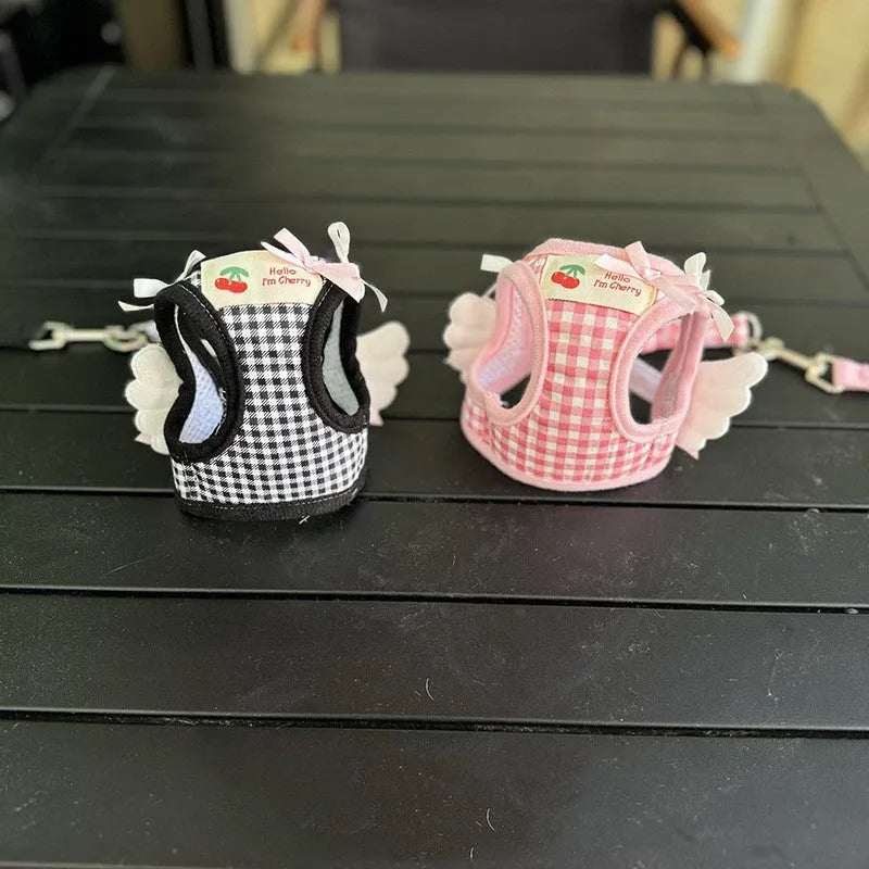 Small dog cotton rope harness with chest and back attachment points in pink or black
