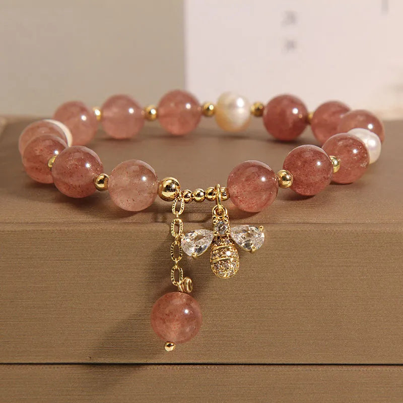 Women's strawberry quartz freshwater pearl bracelet with zircon detailing in Japanese South Korean style