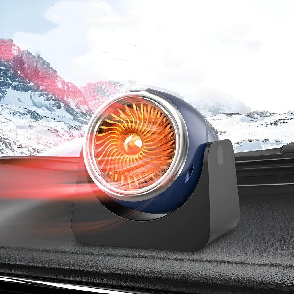 12v car heating fan with 180-degree rotation in navy blue colour for interior warming and window defrosting