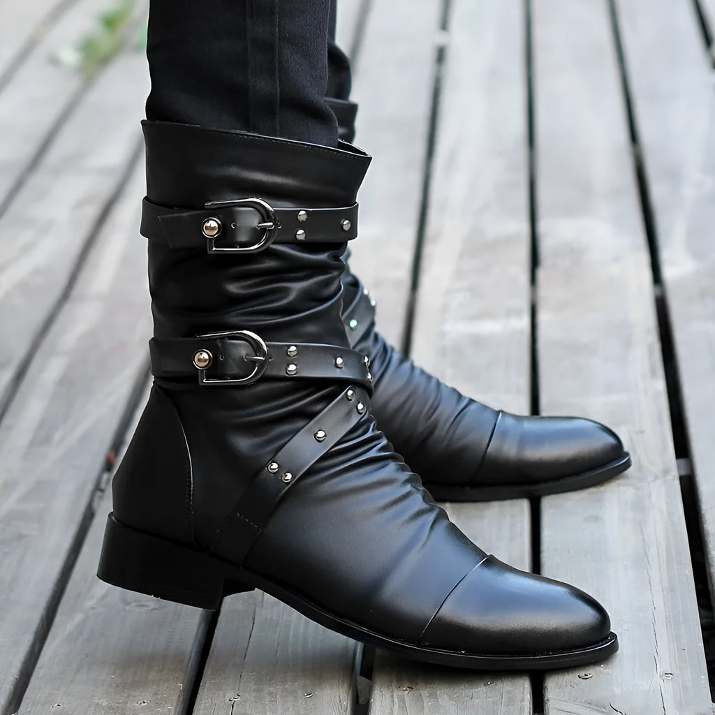 Men's black PU leather pointed toe wellingtons with side zipper and rubber sole