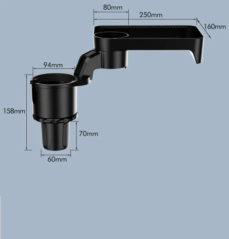 Black ABS plastic car-mounted rotating dinner tray holder showing 360-degree rotation mechanism