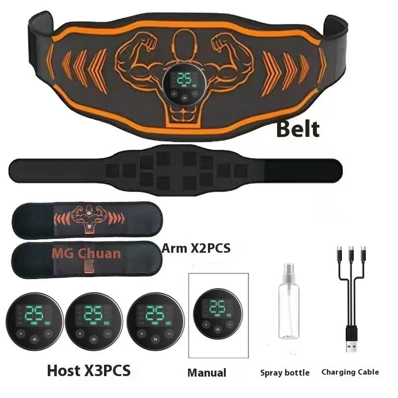 Blue and orange smart EMS massage belt with host unit, main belt, and arm stickers.