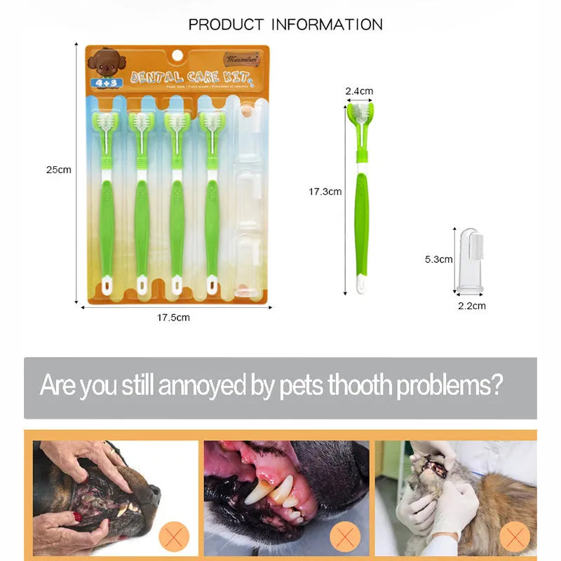 Green pet silicone finger toothbrush set with three-head dog toothbrush and PP handles on a light background