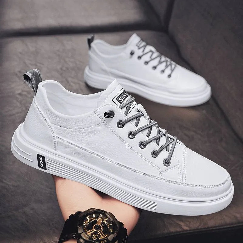 Men's beige casual PU shoes with a low heel and round toe on a flat sole.