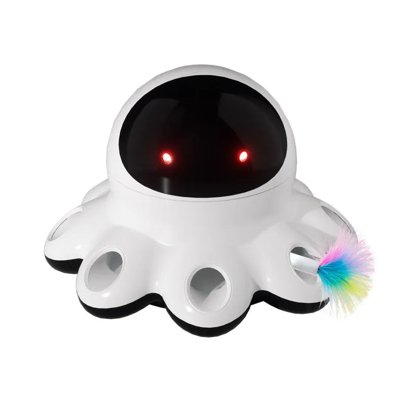 Automatic electric cat teaser toy with shiny spinning feathers in colourful plastic housing