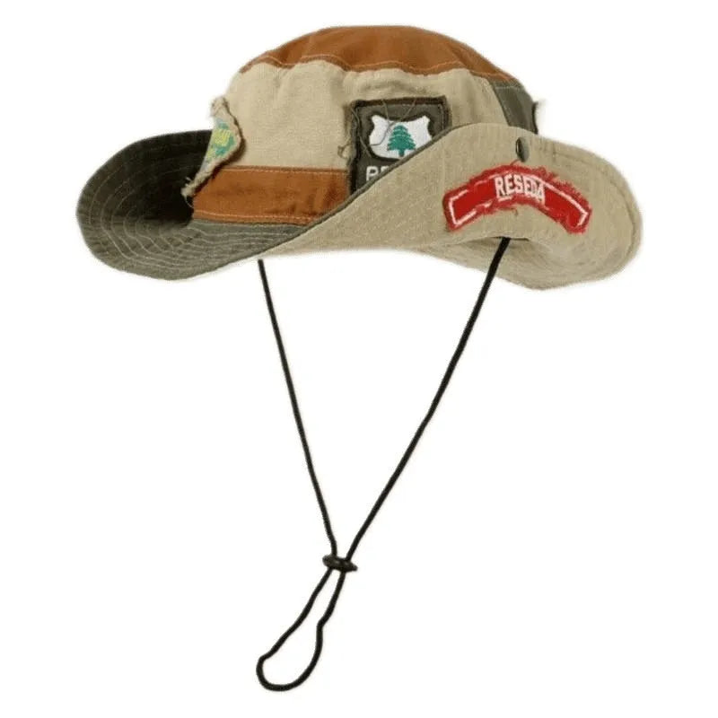 Army Green women's fisherman hat with patchwork design and hand-painted details on cotton fabric