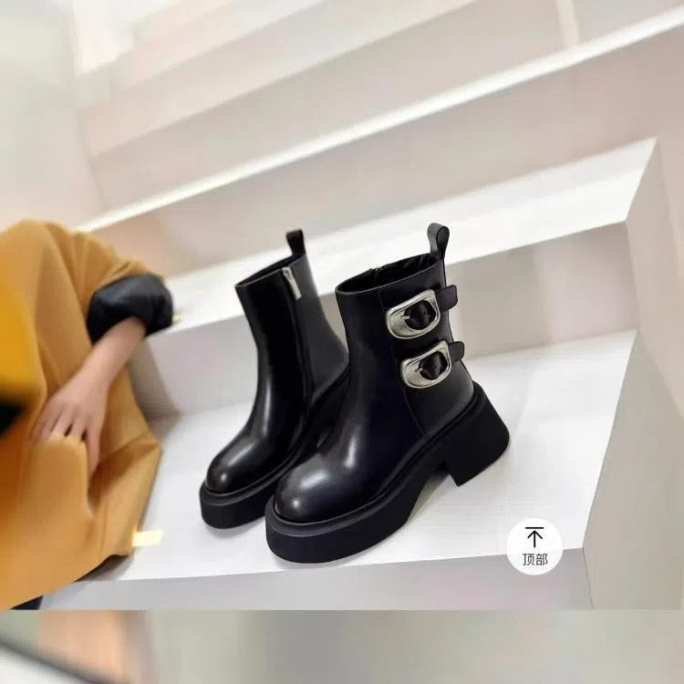 Women's ankle boots with metal buckle, block heel, round toe, side zipper, solid colour design