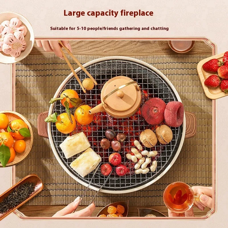Portable indoor charcoal stove with grill rack disc for baking and tea cooking