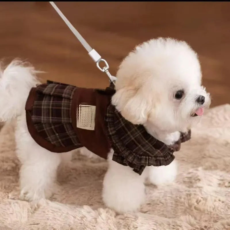Autumn winter dog skirt with check pattern and thermal wool lining, featuring stretchable knitted fabric for small and medium dogs