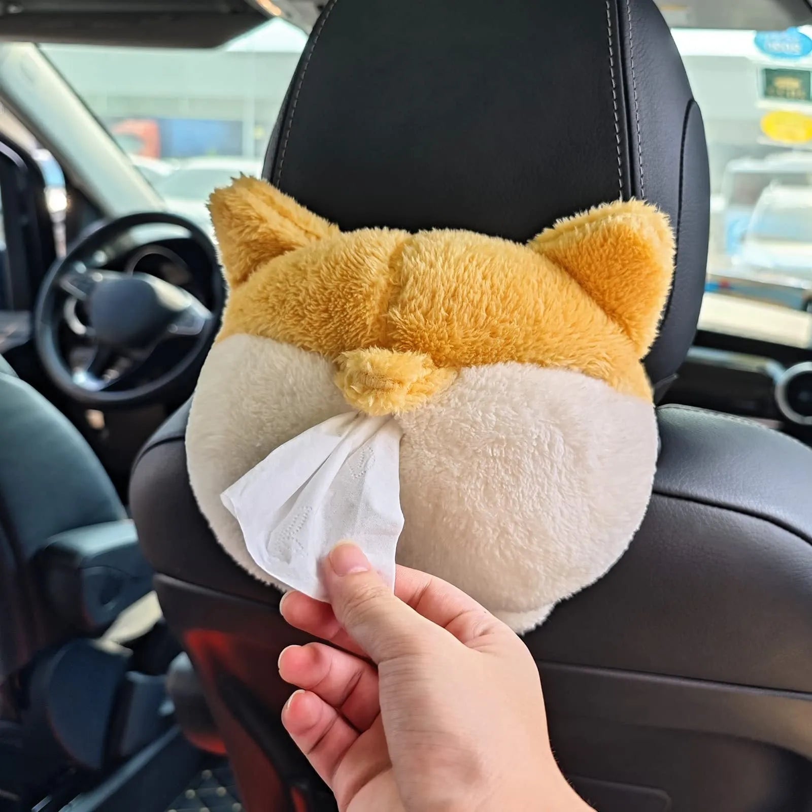 Yellow soft corgi butt-shaped tissue box cover with elastic strap for car sun visor