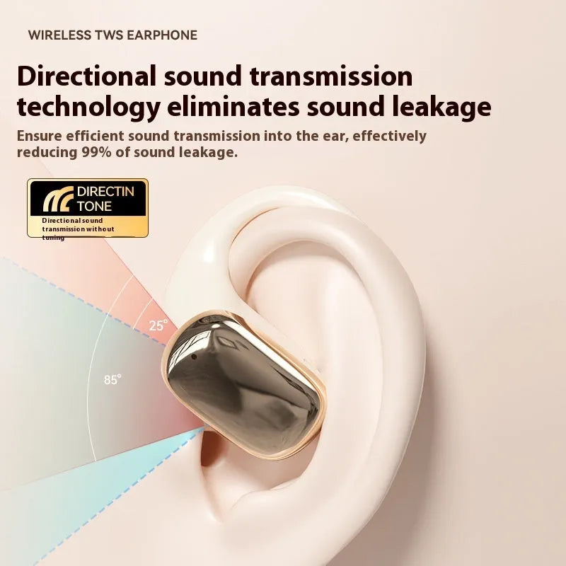 Ear-mounted headphones with digital display screen in skin colour, black, and white options.
