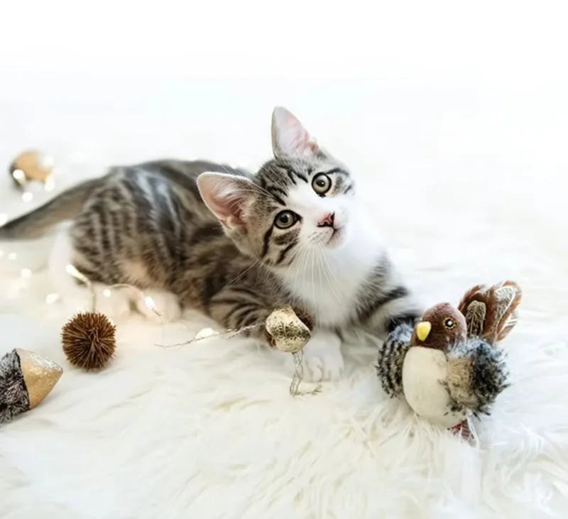 Interactive cat toy electric squeaky simulation bird plush with feather and chirping sound